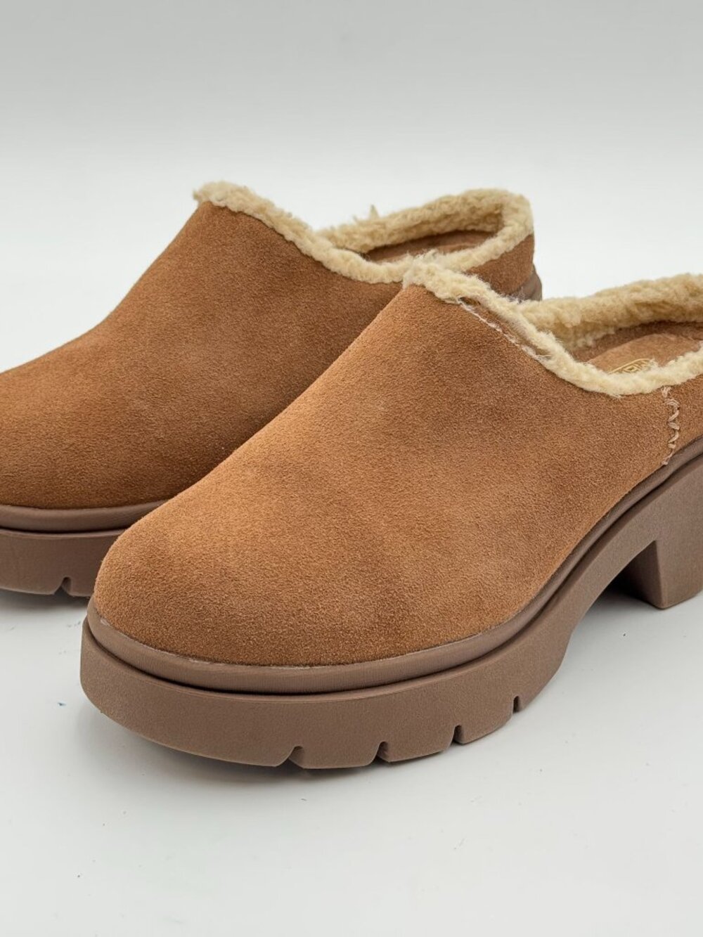 Skechers Cozy City Chestnut Clogs W8 Chunky Suede Leather Faux Shearling Trim